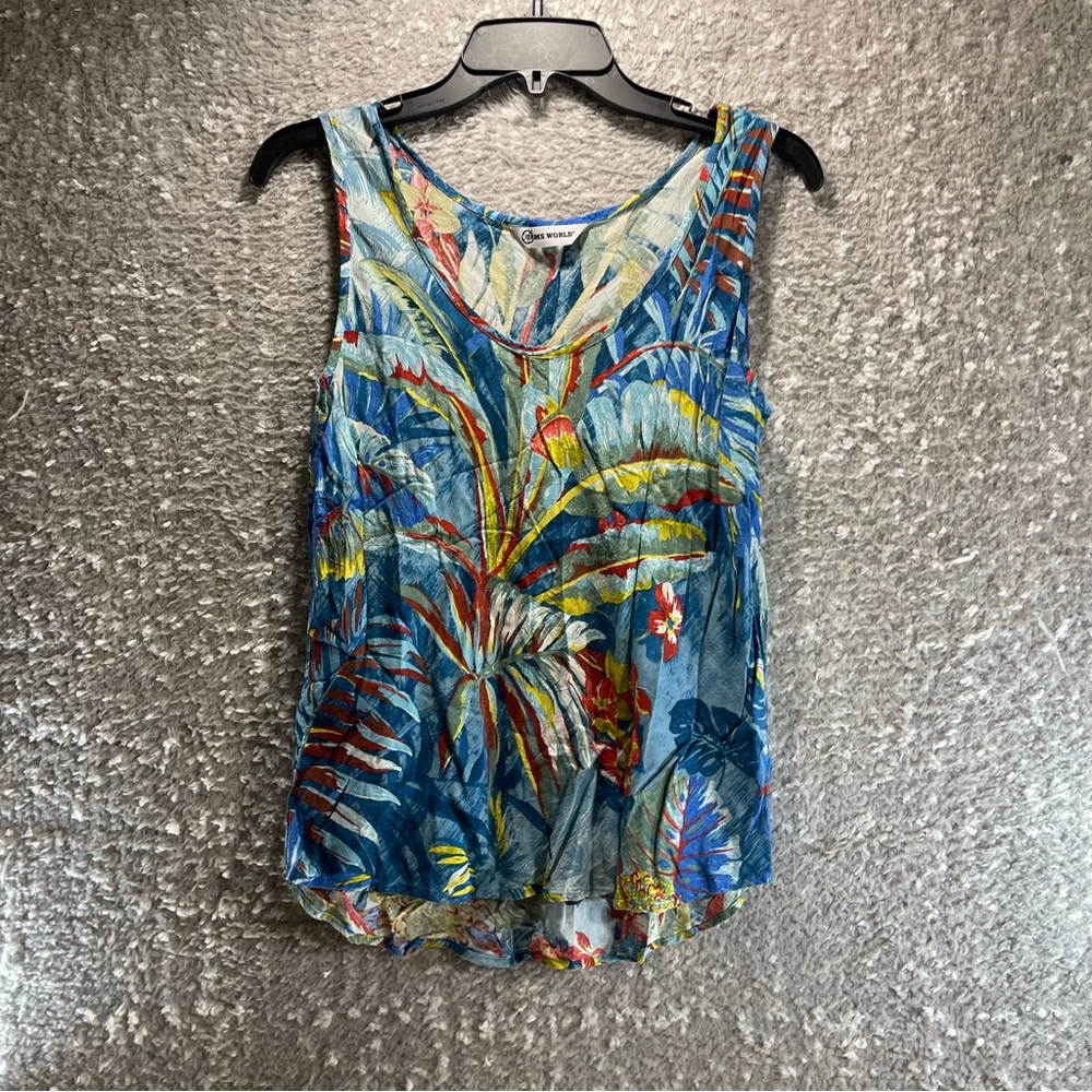 Jams World Top Women M Blue Kamuela Floral Tropical Hawaiian Watercolor Art Tank